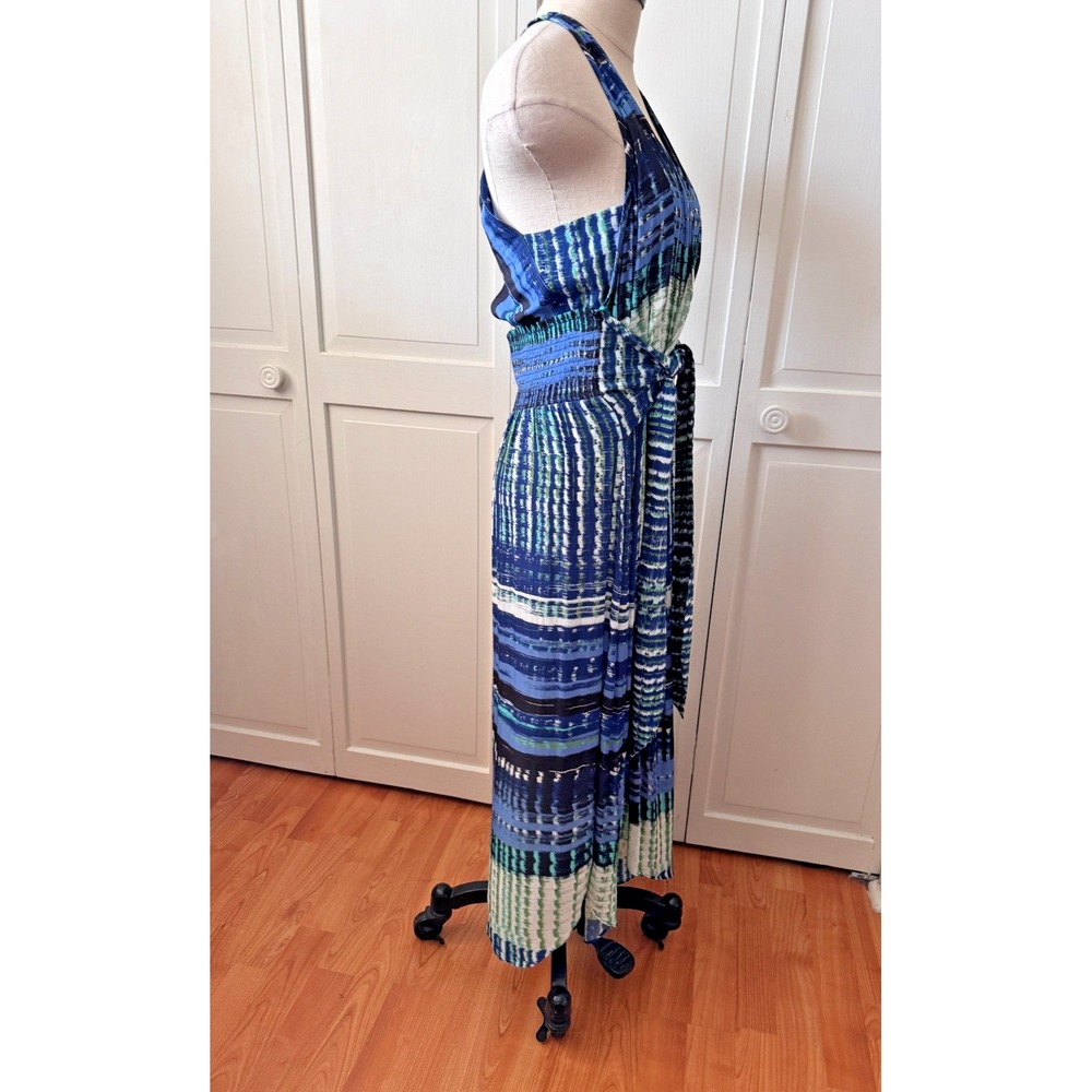 Ramy Brook Blue Green Watercolor Halter Midi Wrap Tie‎ Waist Dress Medium - Picture 2 of 12